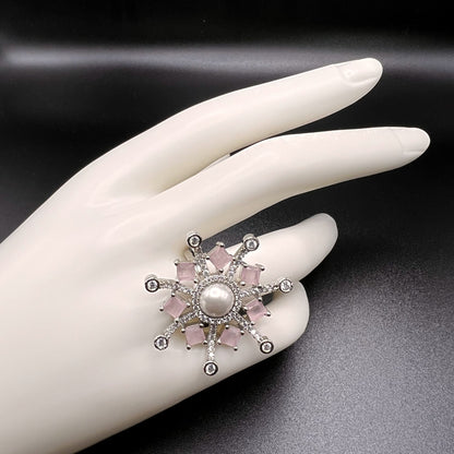 Fashion - Designer Trendy Style Pink Color AD/CZ Ring With Silver Tone Plating - Size Adjustable