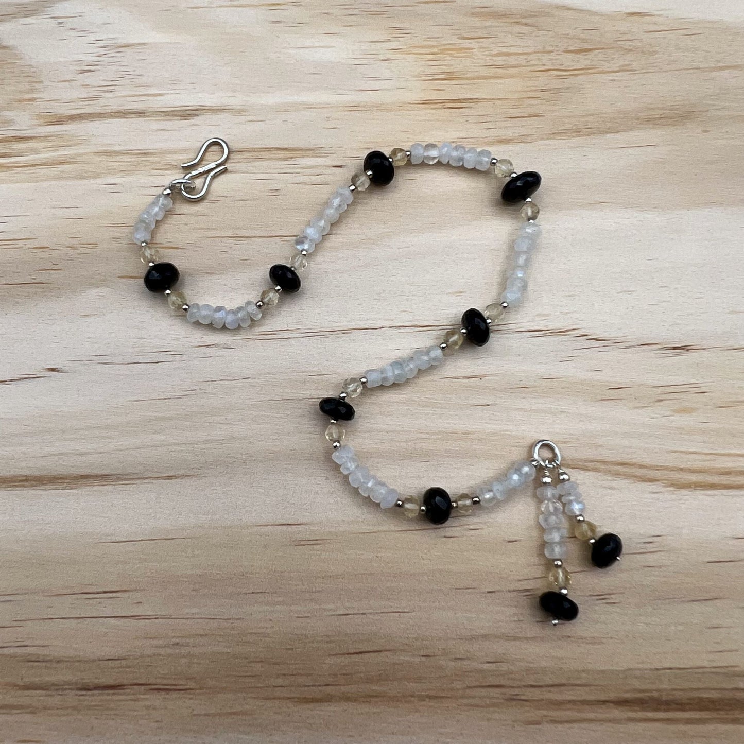 925 Silver Trendy Rainbow Moonstone, Yellow Citrine & Black Onyx Bead Single Anklet