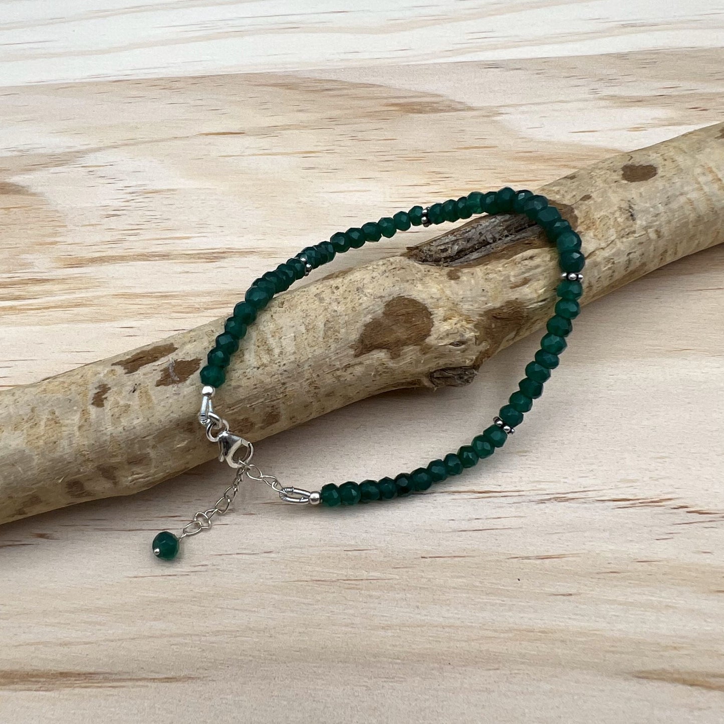 925 Silver Dainty Green Onyx Bead Bracelet