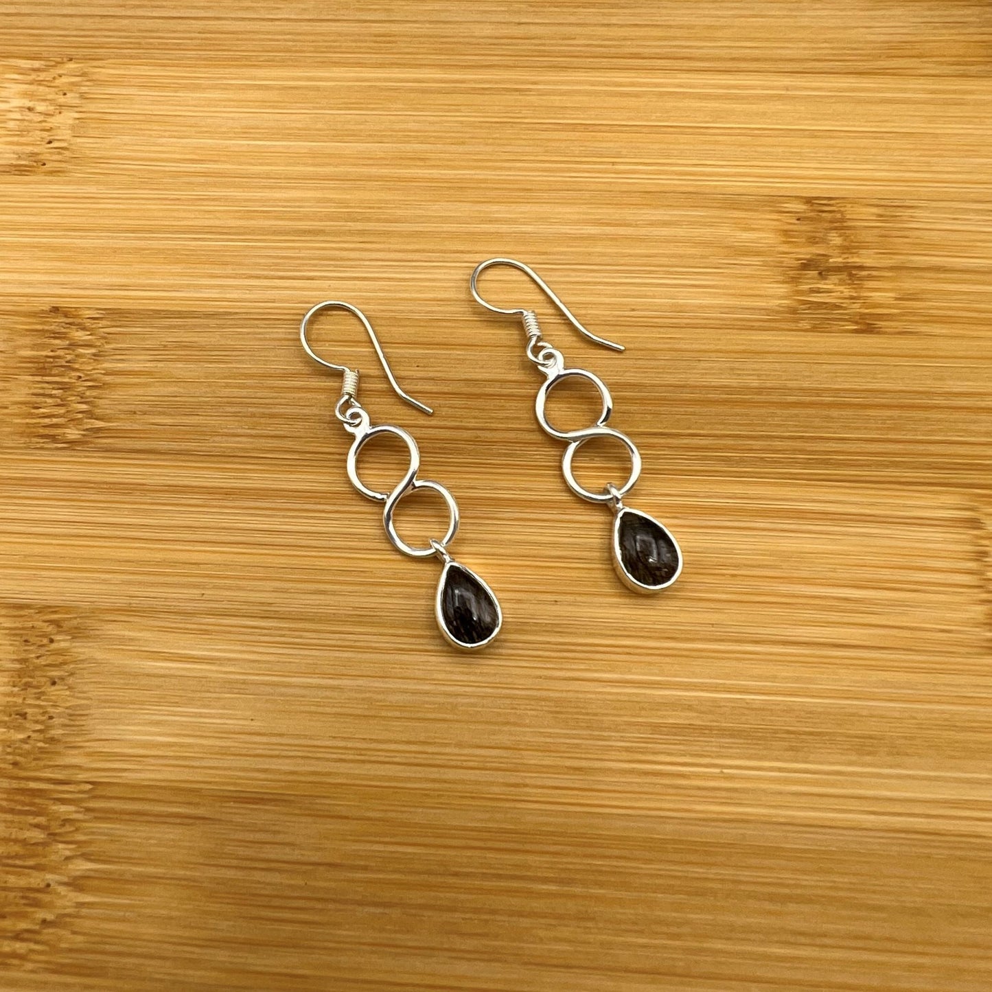 925 SS Dainty Black Color Black Rutile Cabochon Stone Earrings