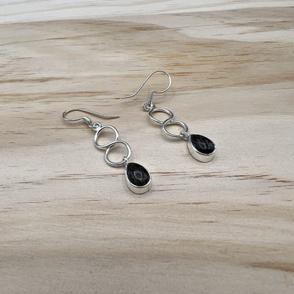 925 Silver Dainty Black Rutile Cabochon Stone Earrings