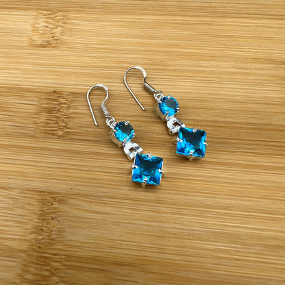 925 SS Classic Blue Color Topaz Cut Stone Earrings