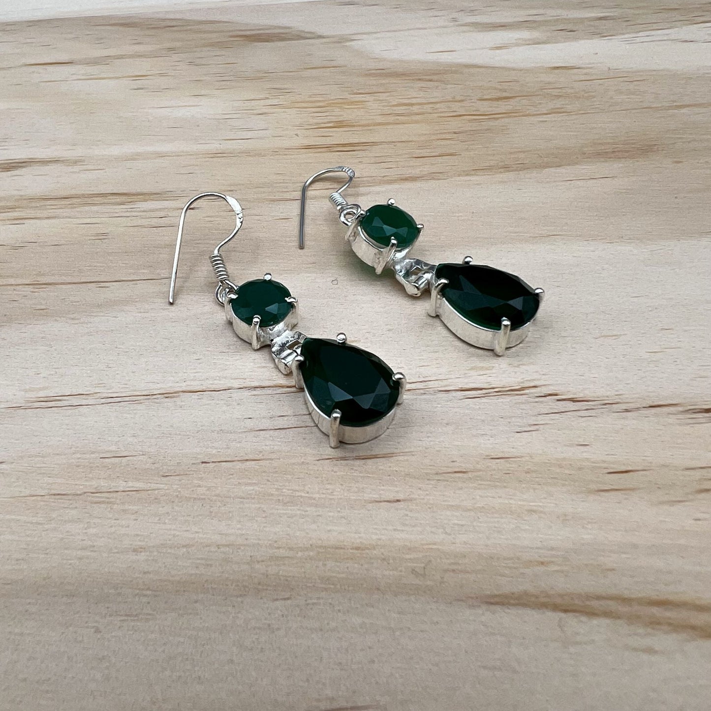 925 Silver Classic Green Onyx Cut Stone Earrings