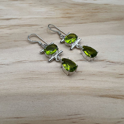 925 Silver Classic Green Peridot Cut Stone Earrings