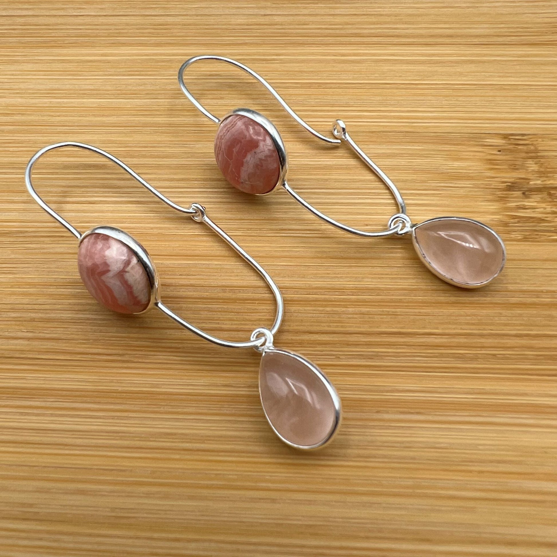 925 SS Trendy Pink Color Rodochrosite, Rose Quartz Cabochon Stone Earrings