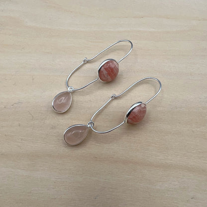 925 Silver Trendy Designer Pink Rhodochrosite & Rose Quartz Cabochon Stone Earrings