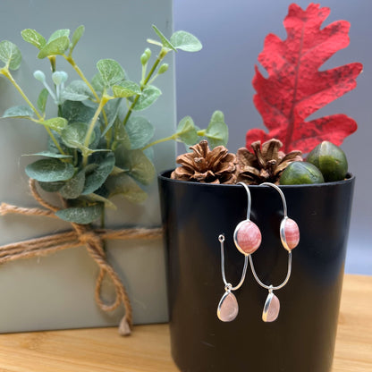 925 Silver Trendy Designer Pink Rhodochrosite & Rose Quartz Cabochon Stone Earrings