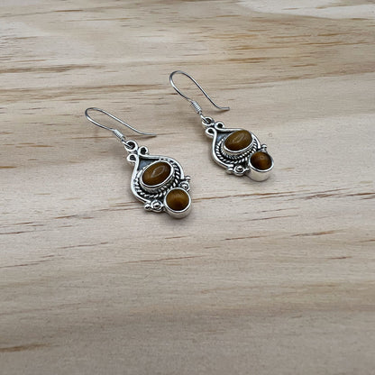 925 Silver Classic Gold Tiger Eye Cabochon Stone Earrings