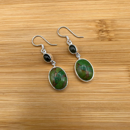 925 SS Classic Green Color Copper Turquoise, Tourmaline Cabochon Stone Earrings