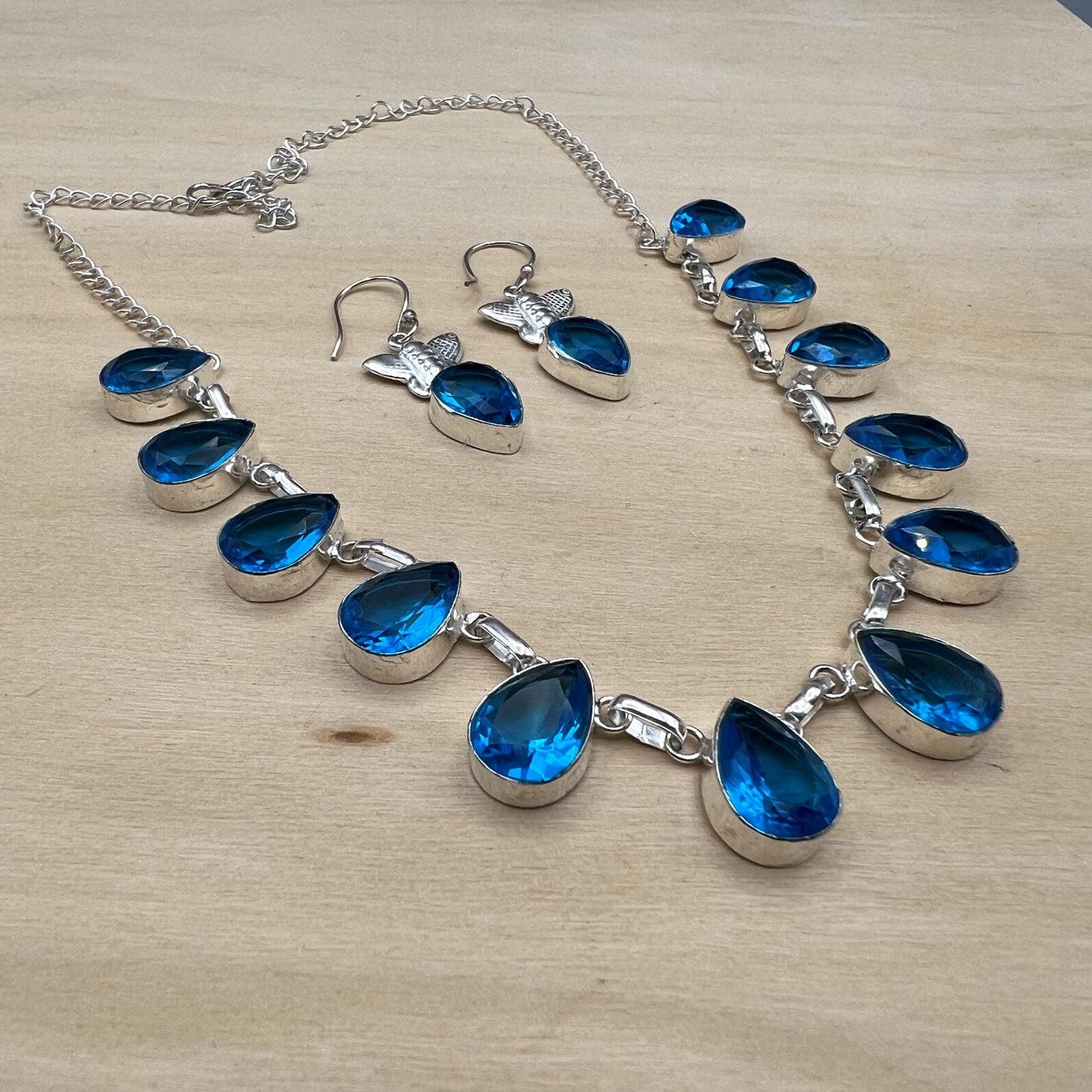 925 SS Classic Blue Color Swiss Topaz Cut Stone Jewelry Set