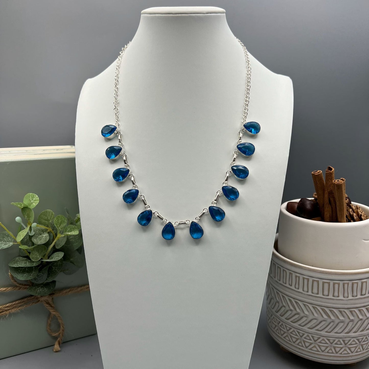 925 Silver Classic Blue Swiss Topaz Cut Stone Necklace Set