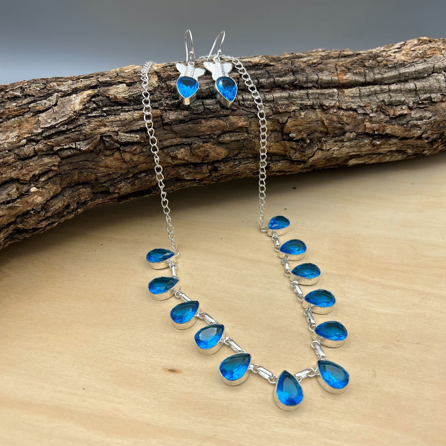 925 Silver Classic Blue Swiss Topaz Cut Stone Necklace Set