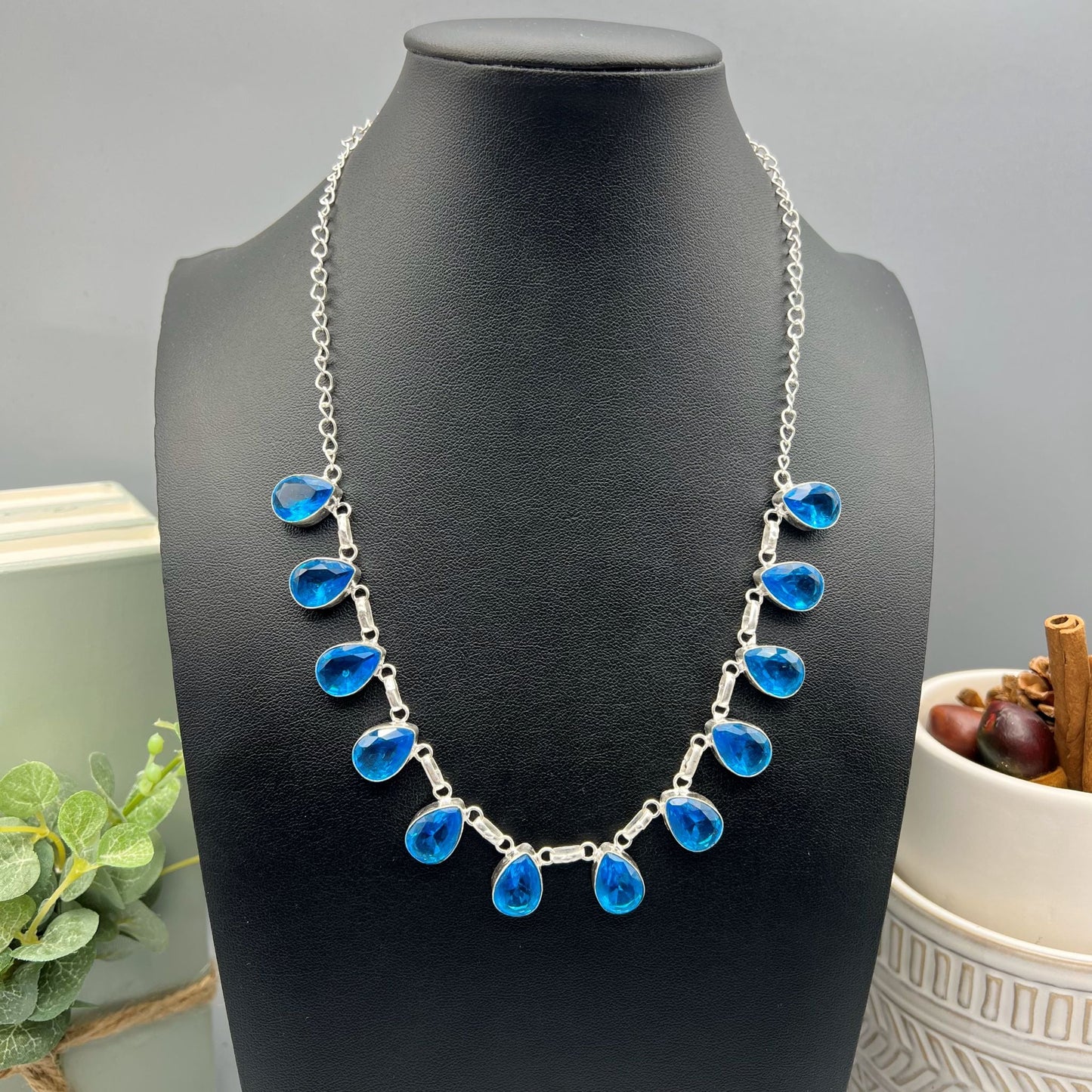 925 Silver Classic Blue Swiss Topaz Cut Stone Necklace Set