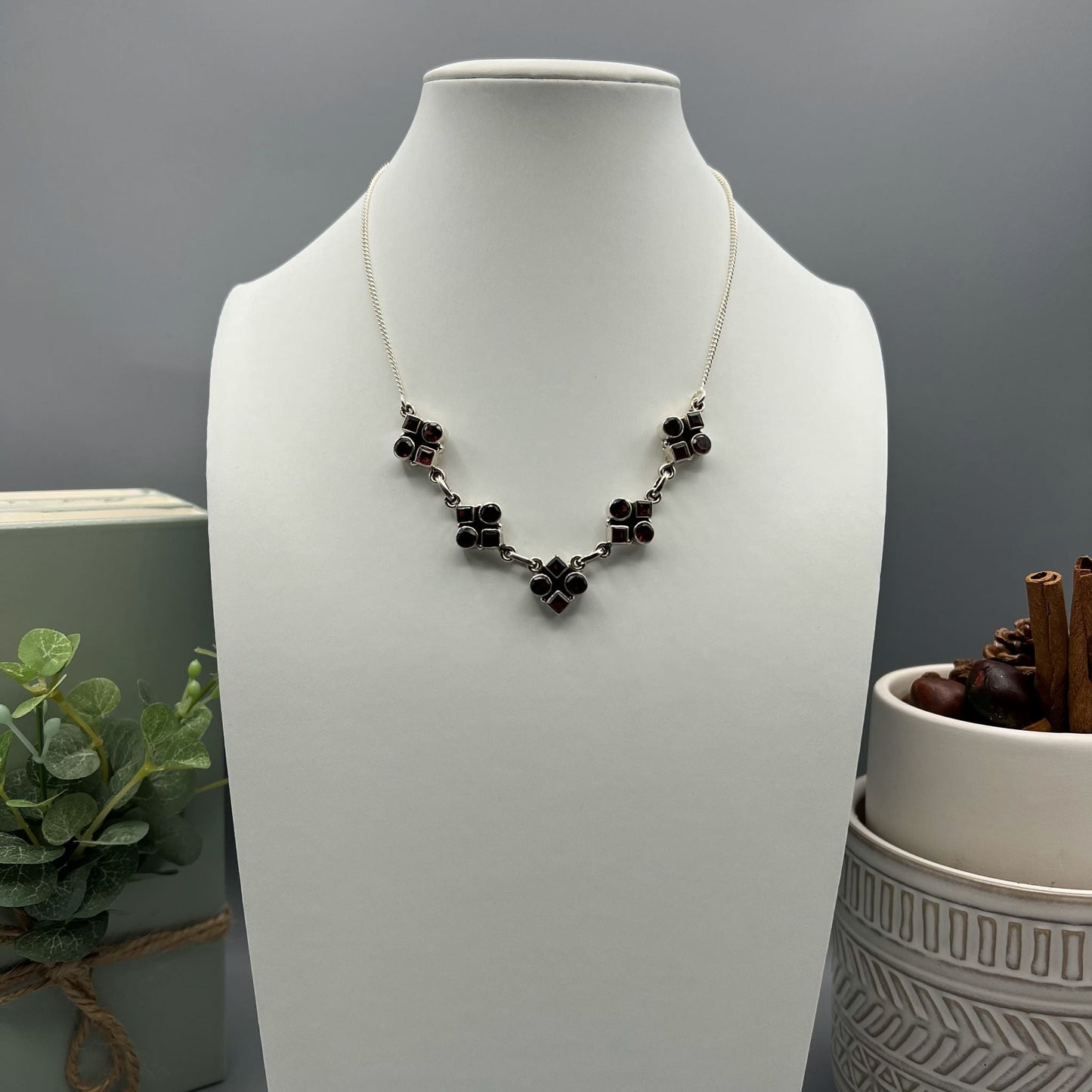 925 Silver Dainty Red Garnet Cut Stone Necklace Set