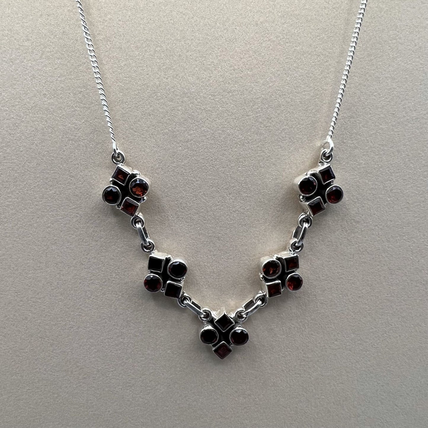 925 Silver Dainty Red Garnet Cut Stone Necklace Set