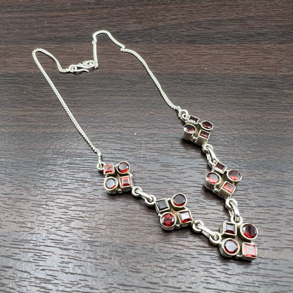 925 Silver Dainty Red Garnet Cut Stone Necklace Set