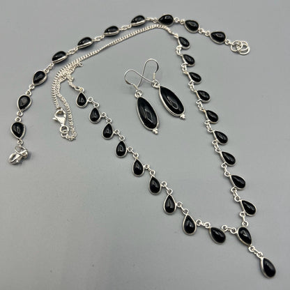 925 SS Dainty Black Color Onyx Cabochon Stone Jewelry Set