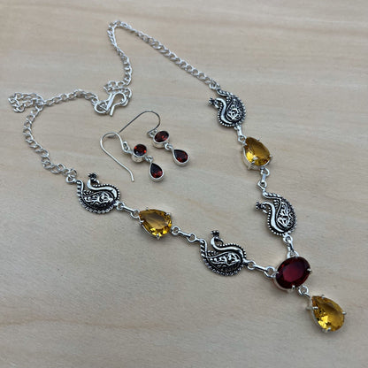 925 SS Classic Yellow Color Citrine, Garnet Cut Stone Necklace Set