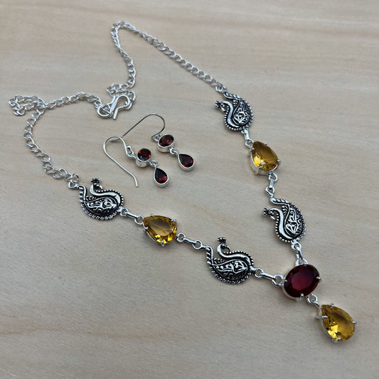 925 SS Classic Yellow Color Citrine, Garnet Cut Stone Necklace Set