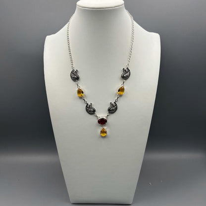 925 Silver Peacock Motifs Classic Yellow Citrine & Red Garnet Cut Stone Necklace Set