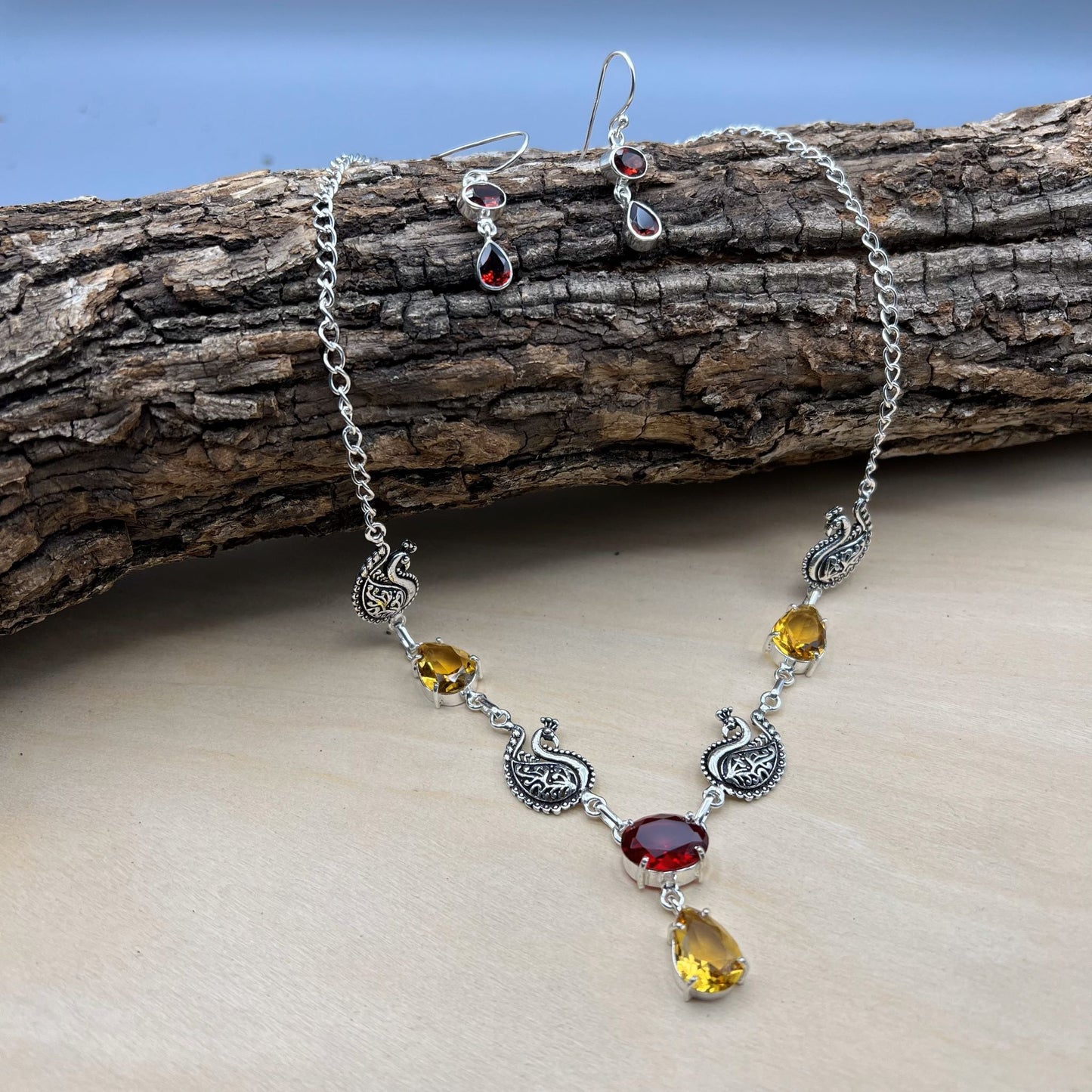 925 Silver Peacock Motifs Classic Yellow Citrine & Red Garnet Cut Stone Necklace Set