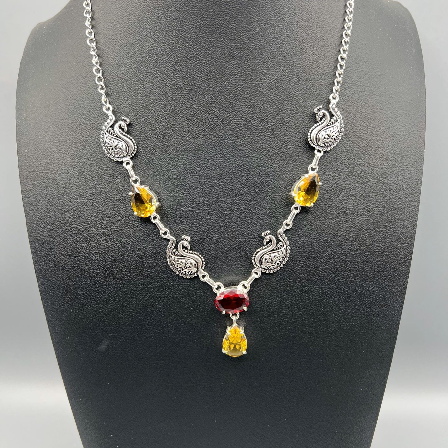 925 Silver Peacock Motifs Classic Yellow Citrine & Red Garnet Cut Stone Necklace Set