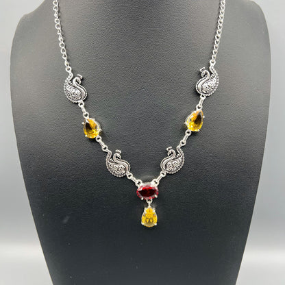 925 Silver Peacock Motifs Classic Yellow Citrine & Red Garnet Cut Stone Necklace Set