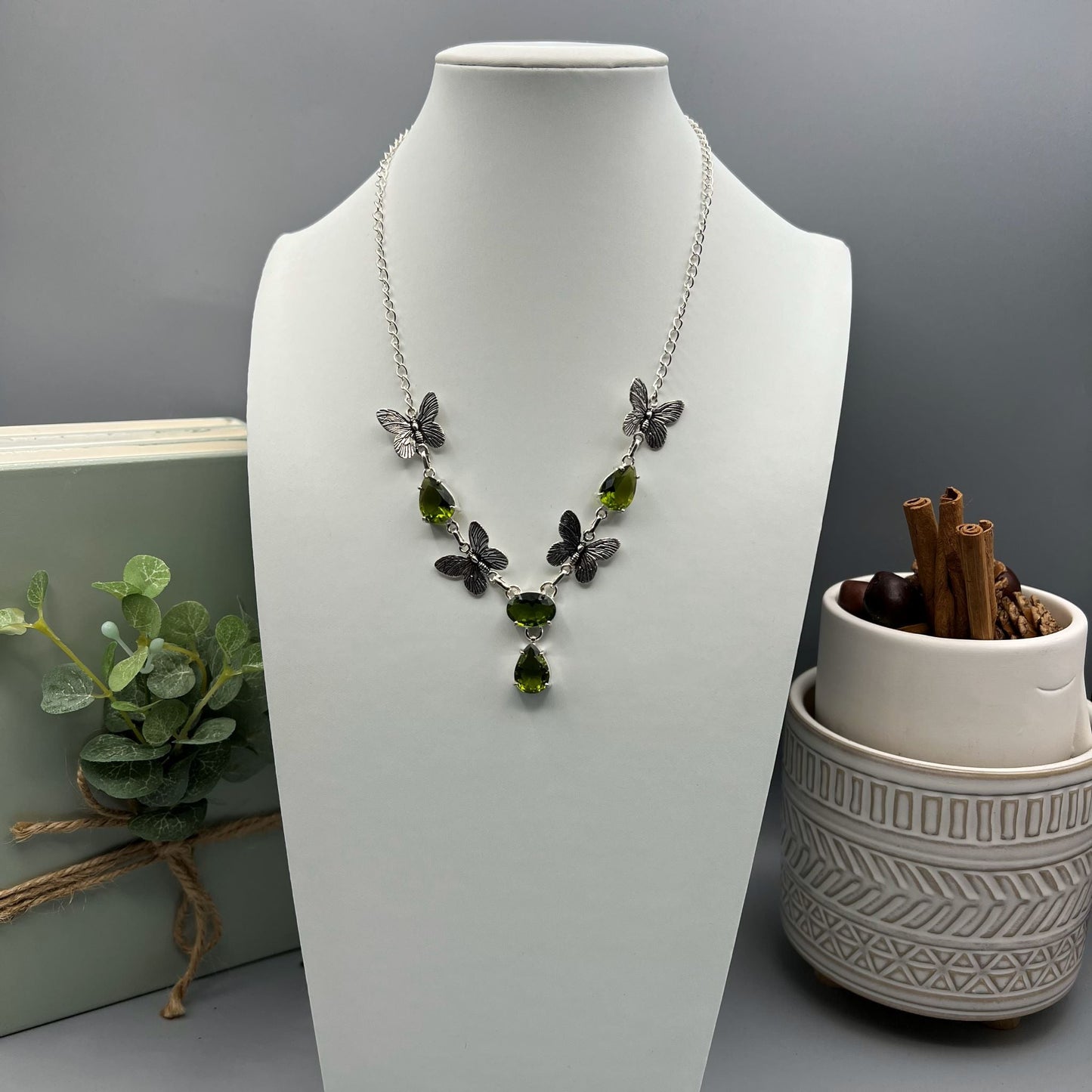 925 Silver Trendy Butterfly Motifs Green Peridot Cut Stone Necklace Set