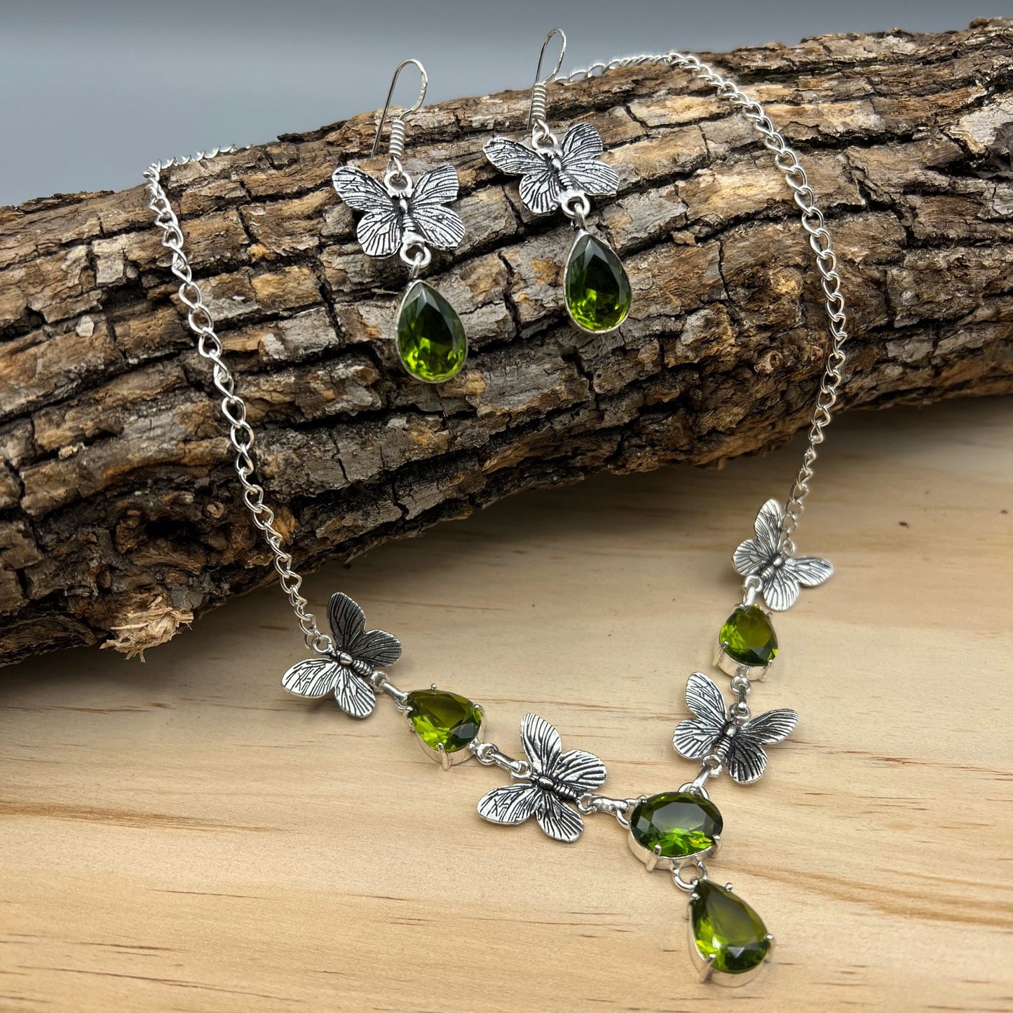 925 Silver Trendy Butterfly Motifs Green Peridot Cut Stone Necklace Set