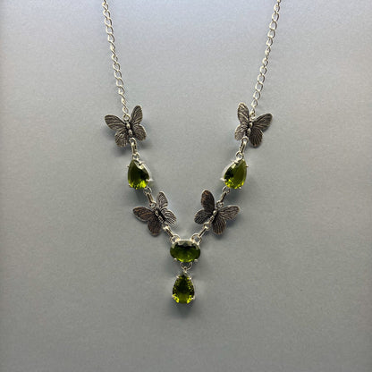 925 Silver Trendy Butterfly Motifs Green Peridot Cut Stone Necklace Set