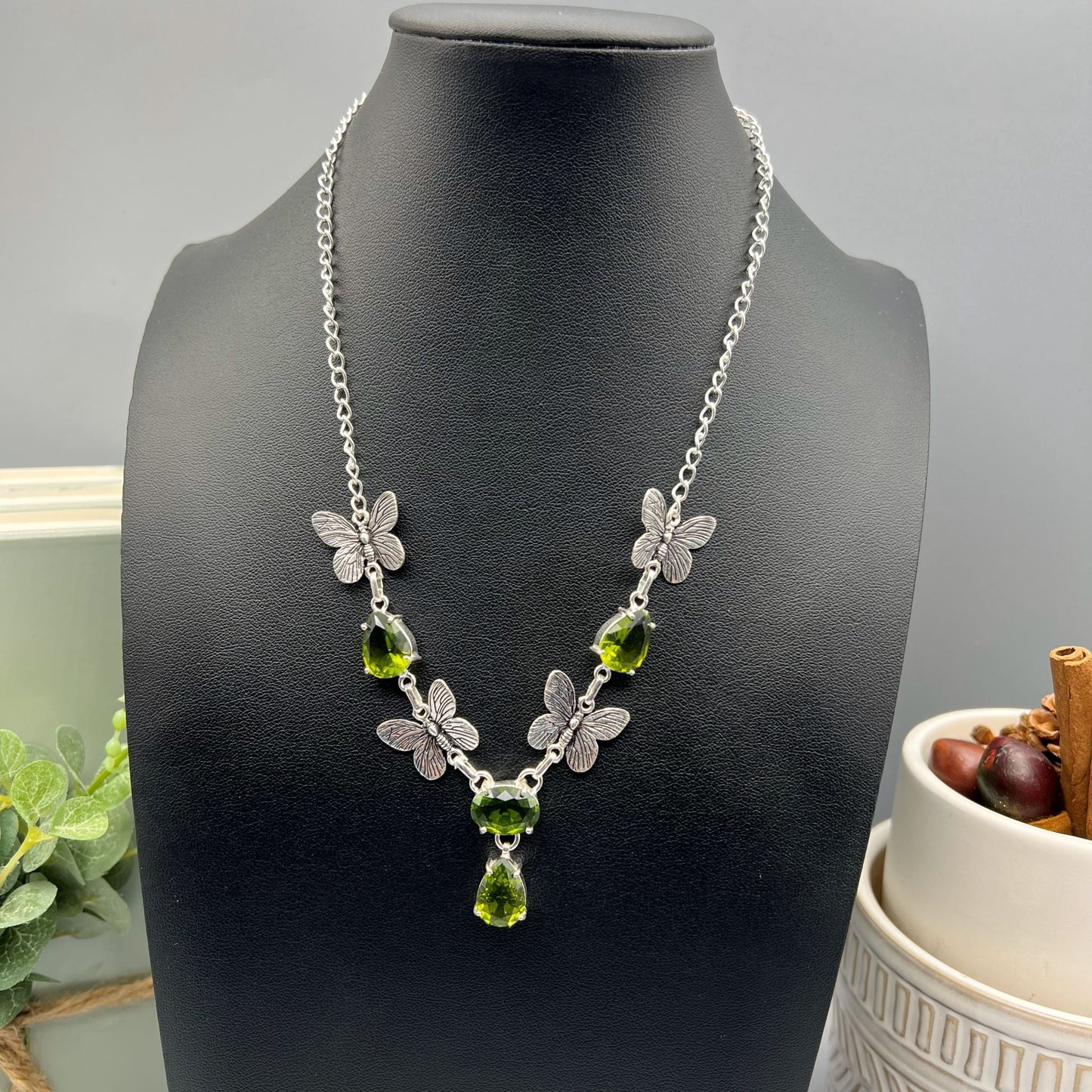 925 Silver Trendy Butterfly Motifs Green Peridot Cut Stone Necklace Set