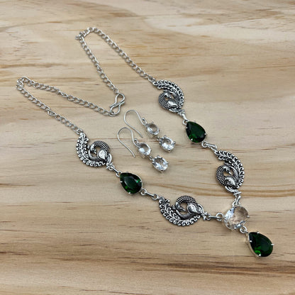 925 SS Classic Green Color Chrome Diopside, White Topaz Cut Stone Necklace Set