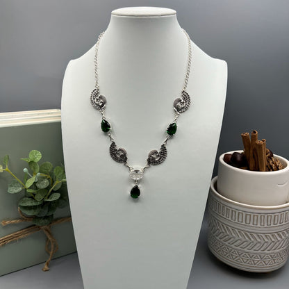 925 Silver Classic Peacock Motifs Green Chrome Diopside & White Topaz Cut Stone Necklace Set