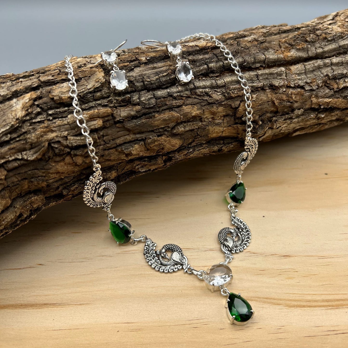 925 Silver Classic Peacock Motifs Green Chrome Diopside & White Topaz Cut Stone Necklace Set