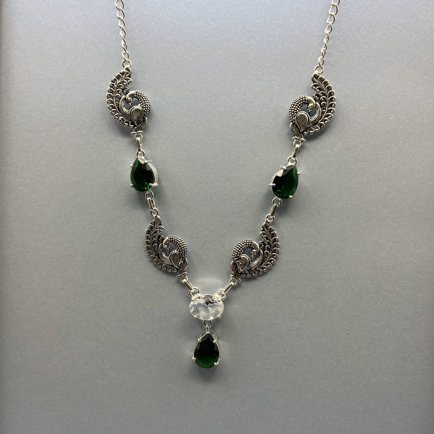 925 Silver Classic Peacock Motifs Green Chrome Diopside & White Topaz Cut Stone Necklace Set