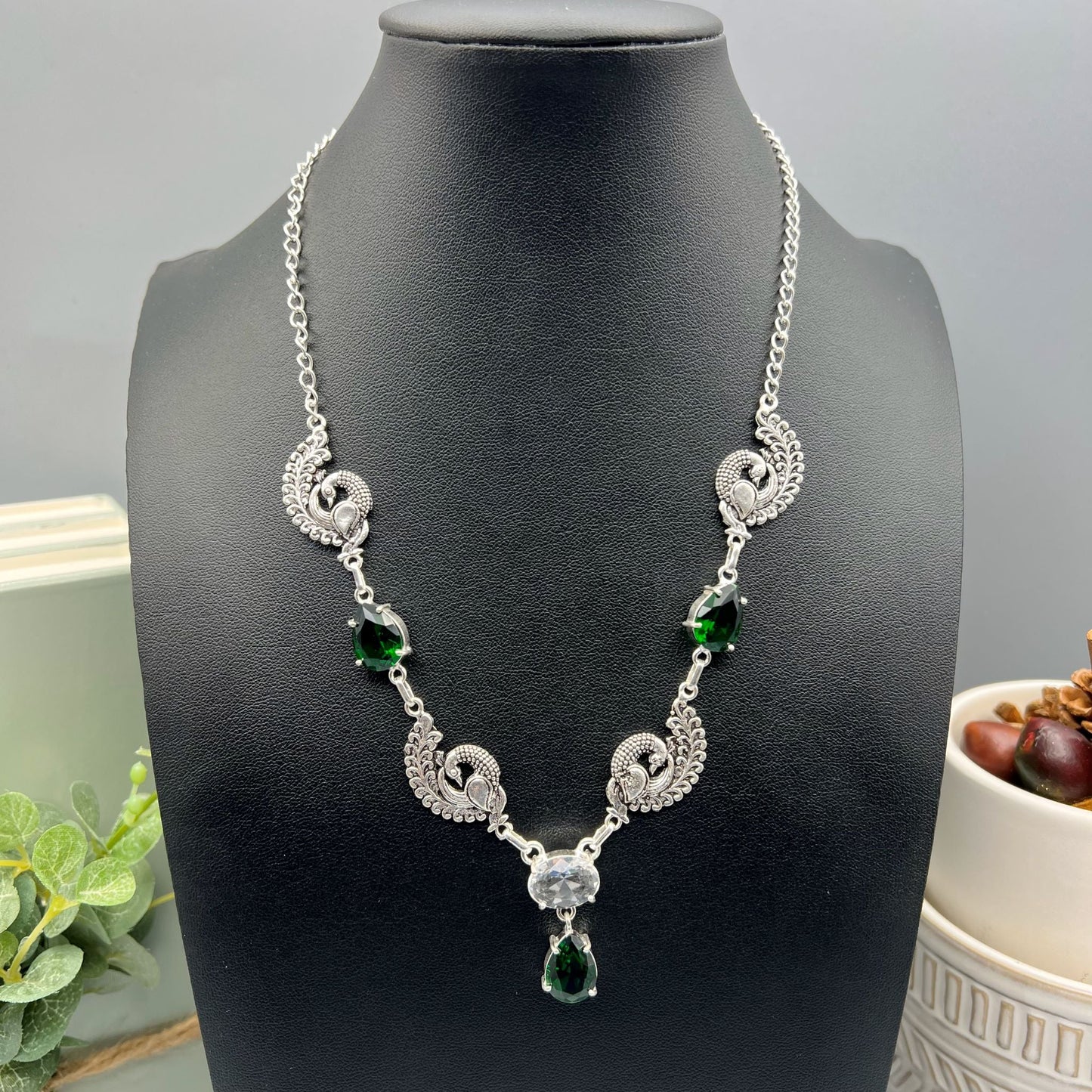 925 Silver Classic Peacock Motifs Green Chrome Diopside & White Topaz Cut Stone Necklace Set