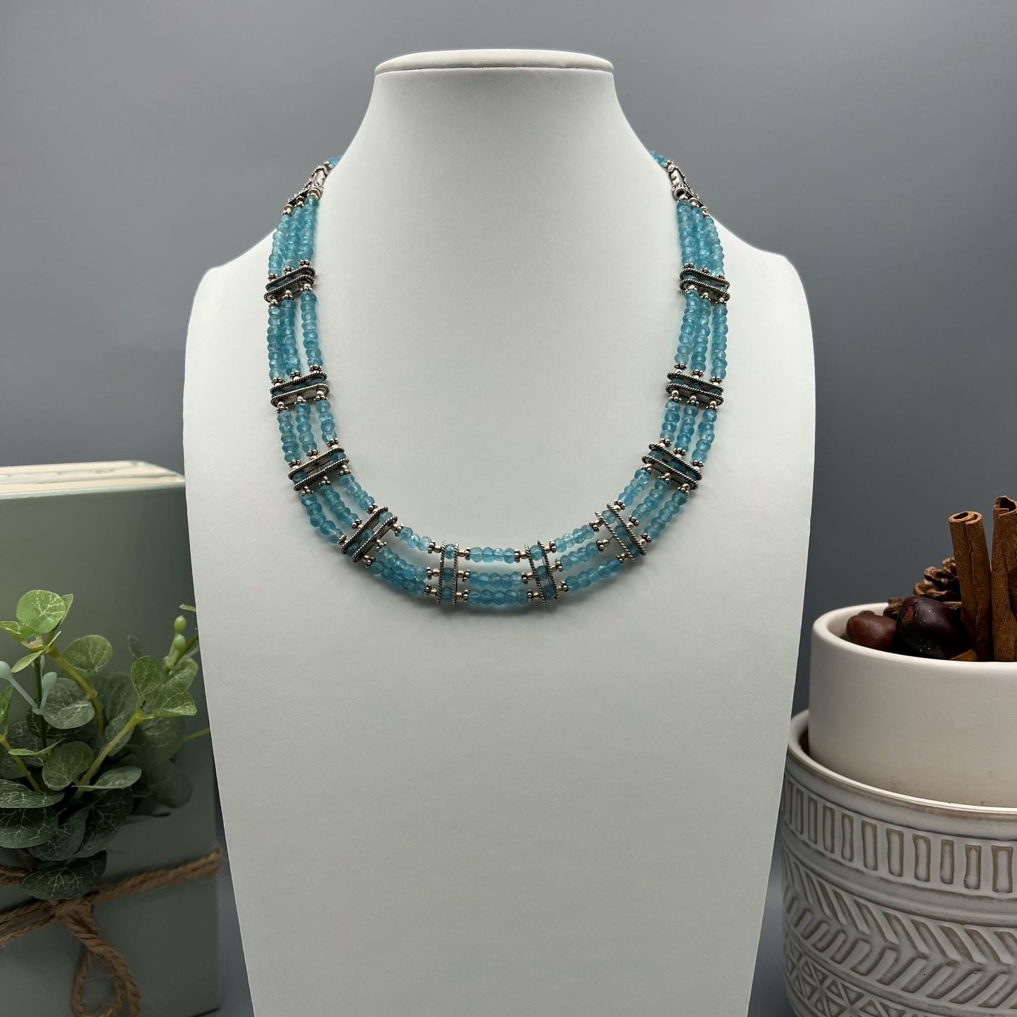 925 Silver Trendy Aqua Blue Apatite Multi Strand Bead Jewelry Set