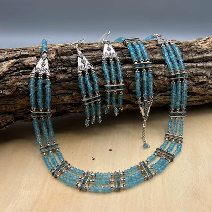 925 Silver Trendy Aqua Blue Apatite Multi Strand Bead Jewelry Set