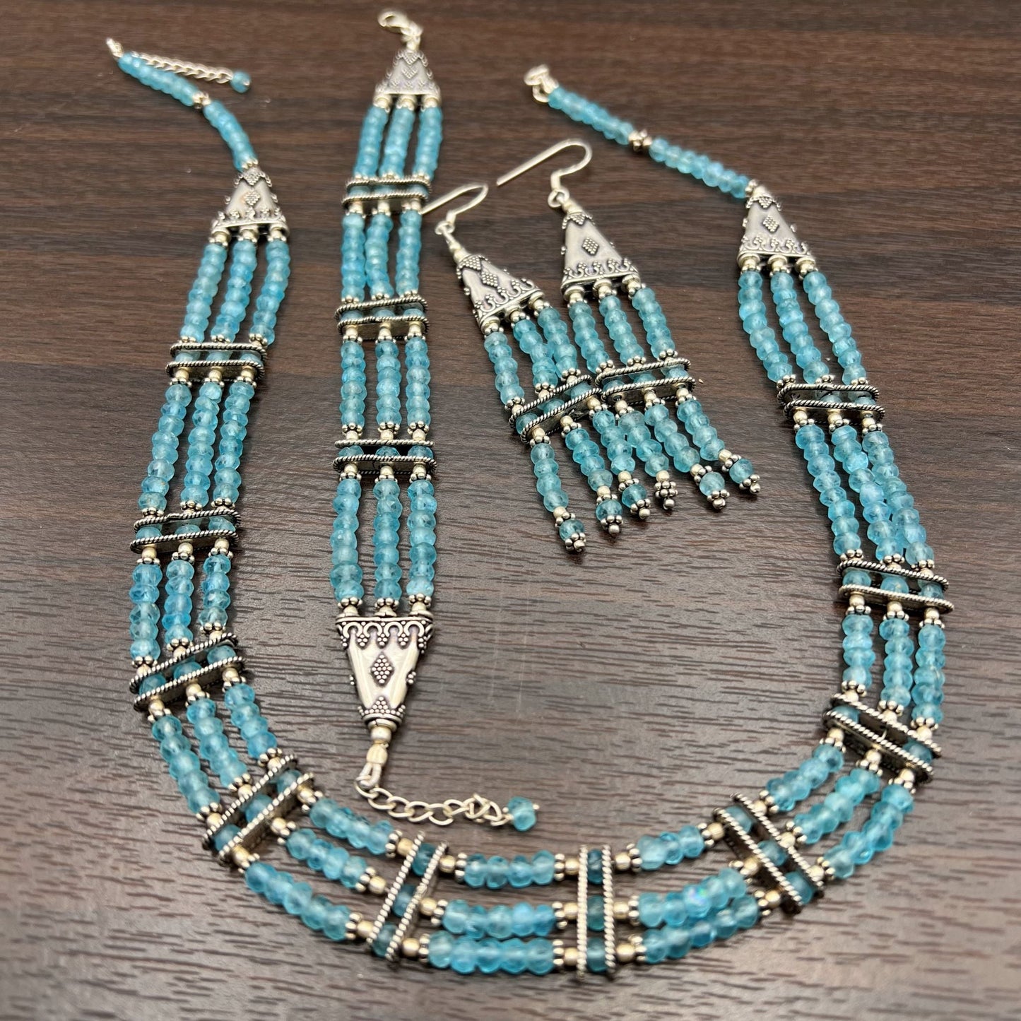 925 Silver Trendy Aqua Blue Apatite Multi Strand Bead Jewelry Set