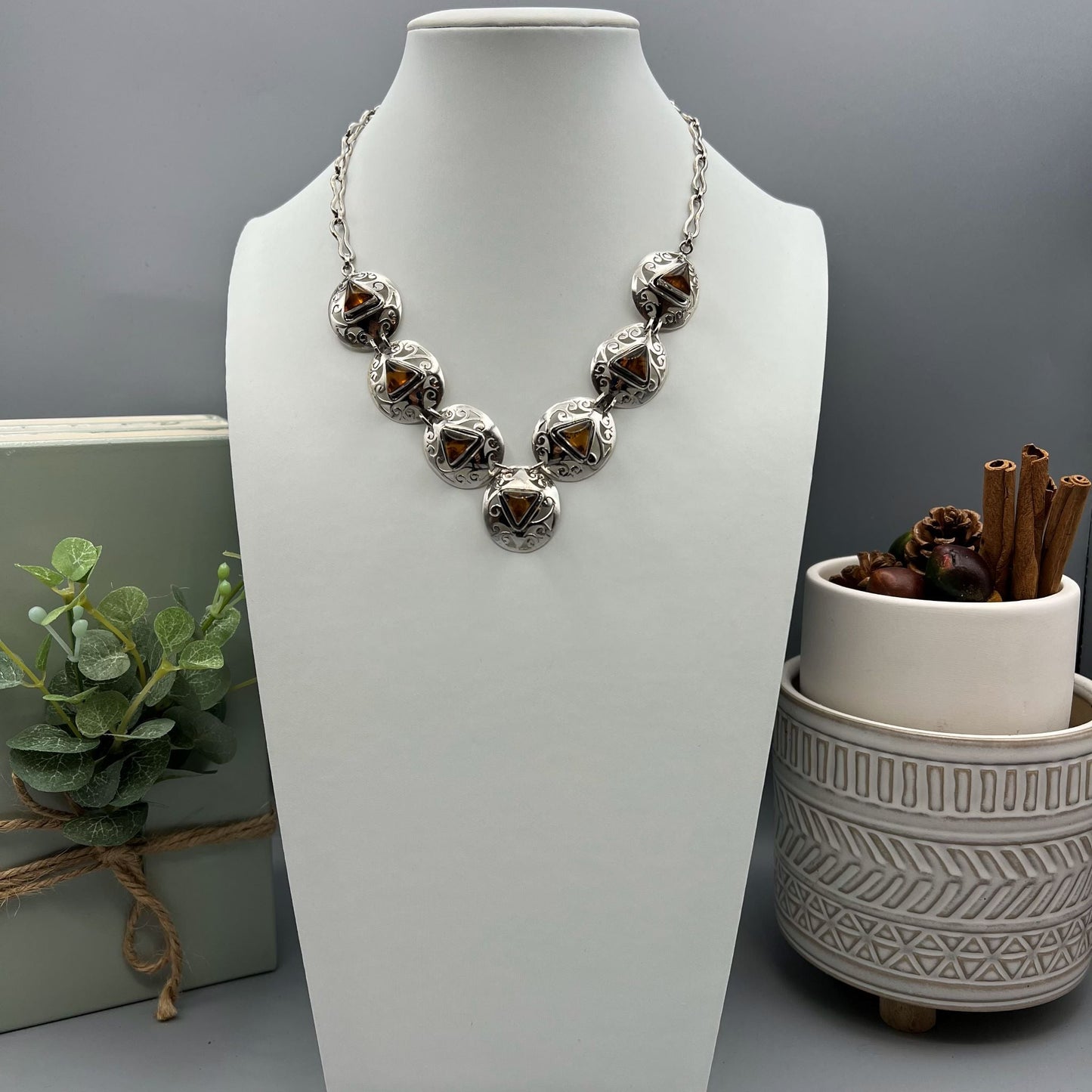 925 Silver Trendy Orange Amber Cabochon Chunky Stone Necklace Set