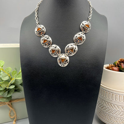 925 Silver Trendy Orange Amber Cabochon Chunky Stone Necklace Set