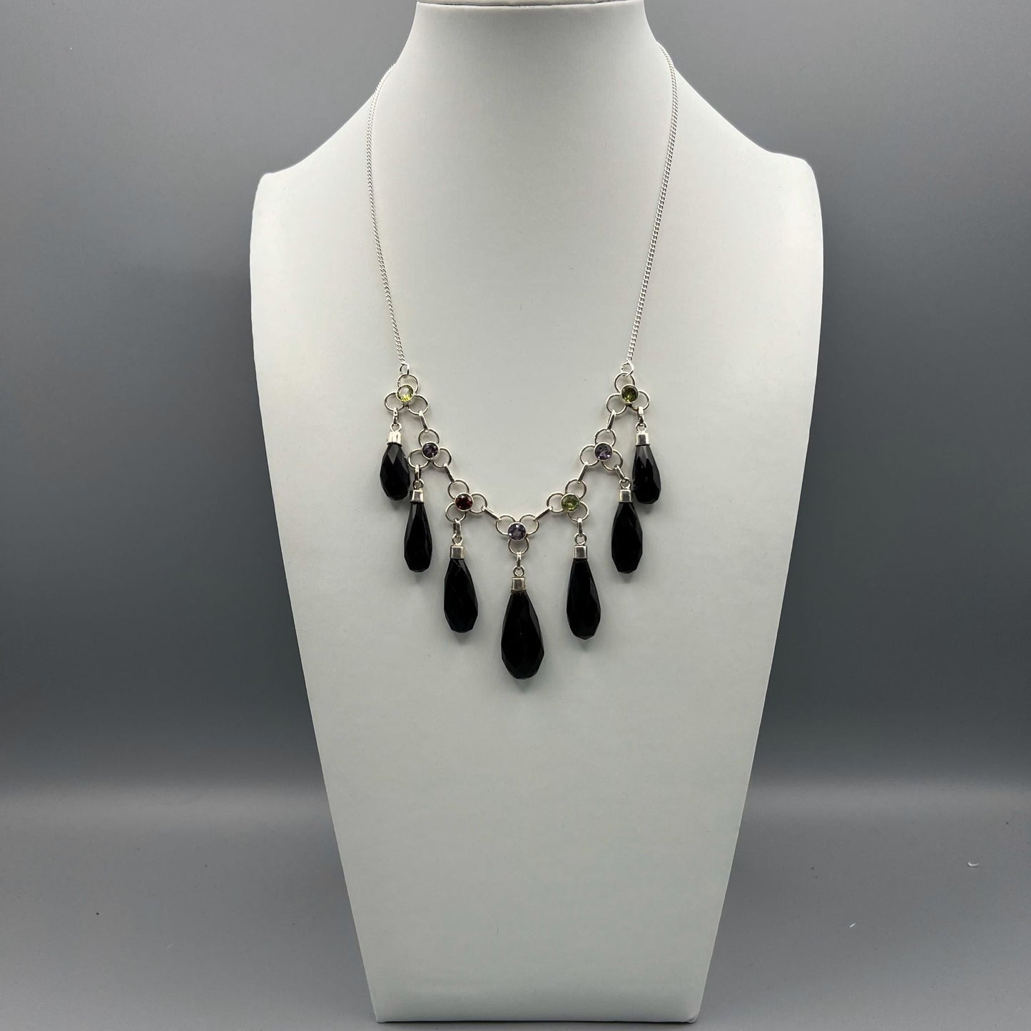 925 Silver Designer Trendy Black Onyx & Multi Color Multi Stone Chunky Cut Stone Necklace Set