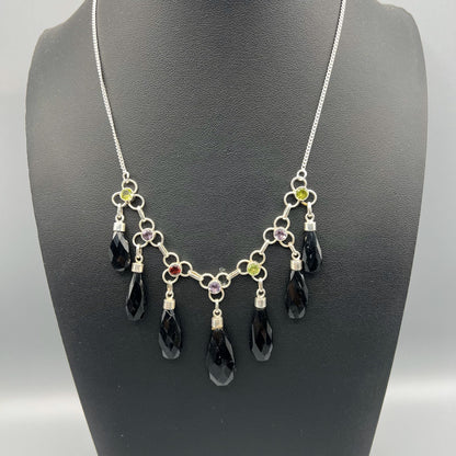 925 Silver Designer Trendy Black Onyx & Multi Color Multi Stone Chunky Cut Stone Necklace Set