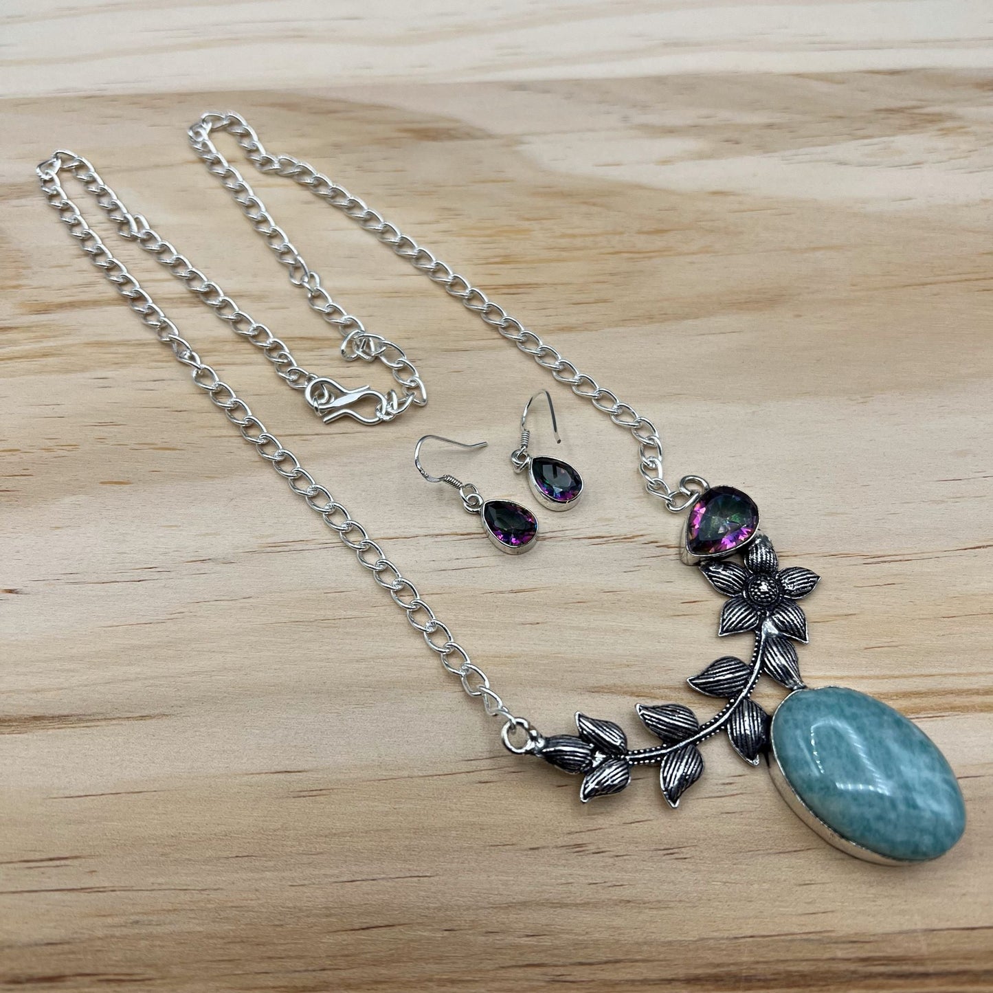 925 SS Oxidised Trendy Blue Color Amazonite Cabochon Stone Necklace Set