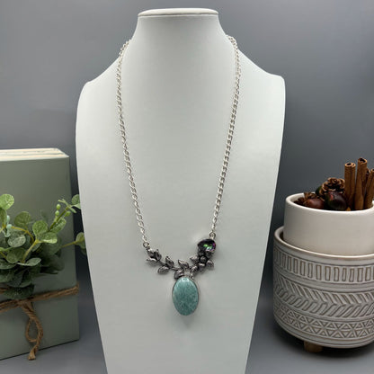 925 Silver Oxidized Trendy Blue Amazonite & Mystic Topaz Mix Stone Long Necklace Set