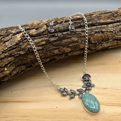 925 Silver Oxidized Trendy Blue Amazonite & Mystic Topaz Mix Stone Long Necklace Set