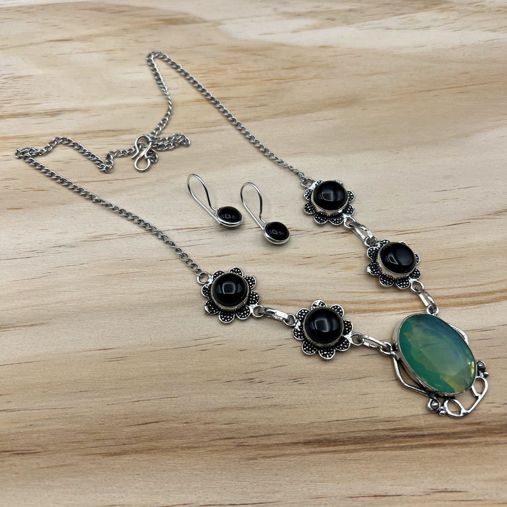 925 SS Oxidised Classic Mint Green Color Milky Opal, Black Onyx Mix Necklace Set