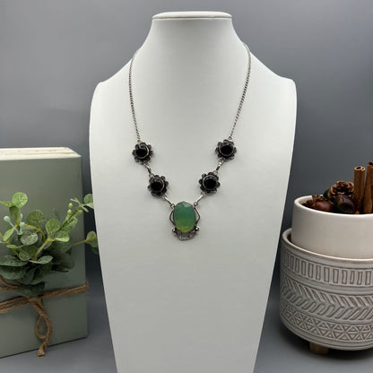 925 Silver Oxidized Classic Mint Green Milky Opal & Black Onyx Mix Stone Necklace Set