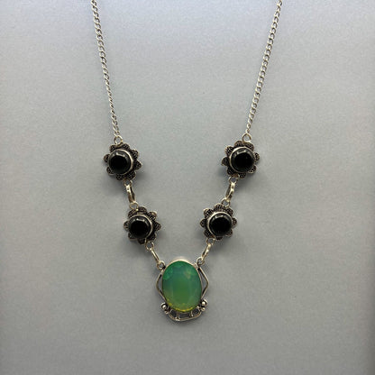 925 Silver Oxidized Classic Mint Green Milky Opal & Black Onyx Mix Stone Necklace Set