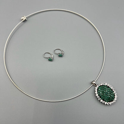 925 Silver Trendy Cuff Style Honey Comb Design Green Emerald & White Topaz Cut Stone Pendant Set